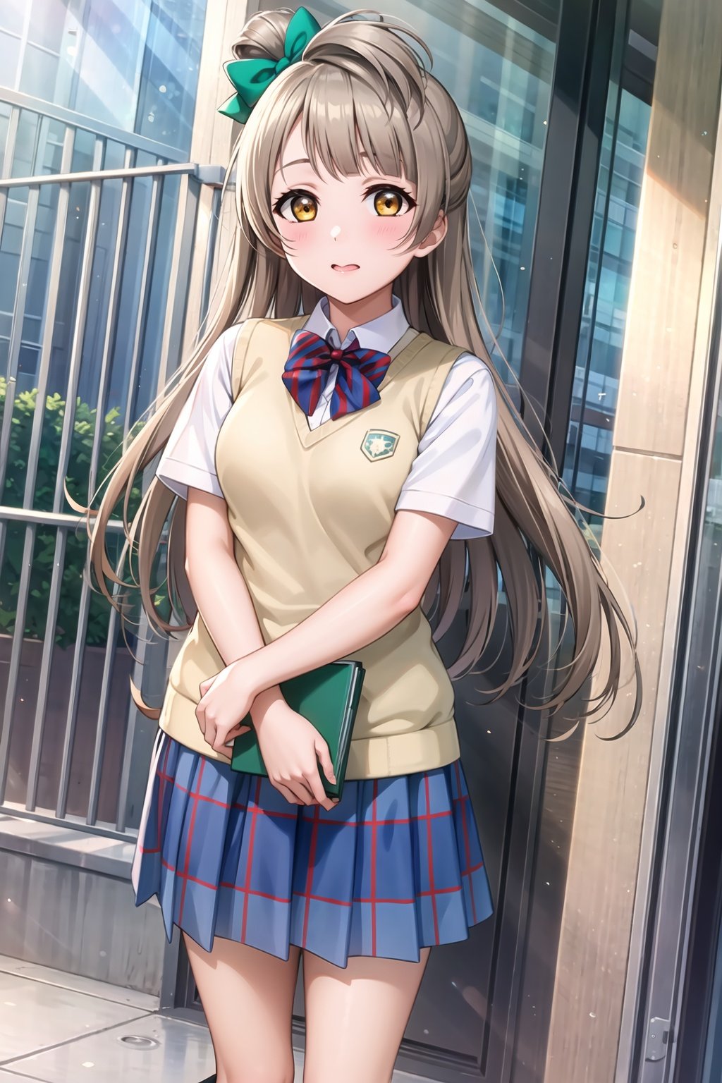 (masterpiece, best quality, ultra-detailed), (illustration), (beautiful detailed eyes), (1girl), (solo),  minami kotori, long hair, yellow eyes, bangs, hair bow, green bow,  <lora:KotoriLL_v2.1:0.65>,skirt, shirt,school uniform, white shirt, short sleeves,  pleated skirt, socks, striped, collared shirt, indoors, miniskirt, bowtie, red bow, blue skirt, plaid, kneehighs, plaid skirt, red bowtie,sweater vest, striped bow, summer uniform, otonokizaka school uniform, striped bowtie, outdoors, standing, 