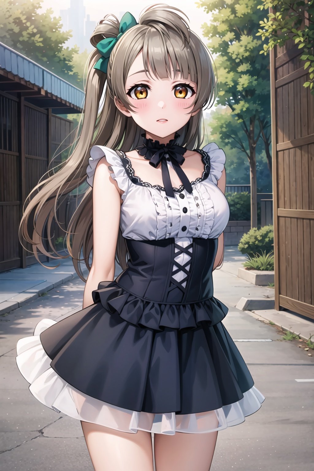 (masterpiece, best quality, ultra-detailed), (illustration), (beautiful detailed eyes), (1girl), (solo),  minami kotori, long hair, yellow eyes,  <lora:KotoriLL_v2.1:0.65>,outdoors, cowboy shot, dress, arms behind back, 