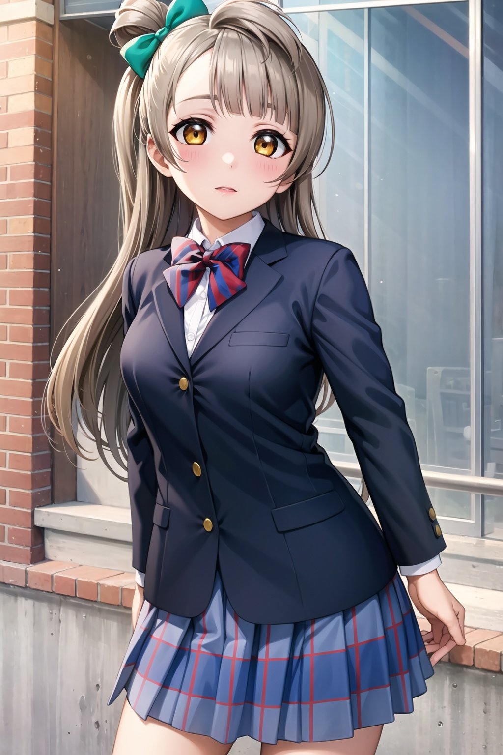 (masterpiece, best quality, ultra-detailed), (illustration), (beautiful detailed eyes), (1girl), (solo),  minami kotori, long hair, yellow eyes, bangs, hair bow, green bow,  <lora:KotoriLL_v2.1:0.65>,shirt, long sleeves, school uniform, jacket, white shirt, pleated skirt, striped, collared shirt, miniskirt, bowtie, red bow, blue skirt, plaid skirt, blazer, blue jacket, red bowtie, striped bow, winter uniform, otonokizaka school uniform, striped bowtie, outdoors, cowboy shot, 