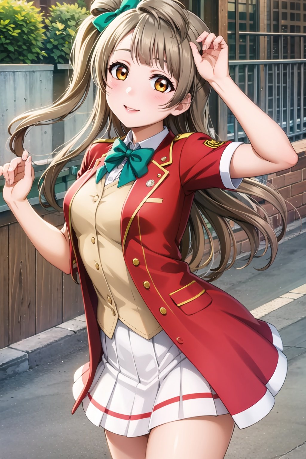 (masterpiece, best quality, ultra-detailed), (illustration), (beautiful detailed eyes), (1girl), (solo),  minami kotori, long hair, yellow eyes, bangs, hair bow, green bow,  <lora:KotoriLL_v2.1:0.65>, skirt, jacket,  short sleeves, pleated skirt, miniskirt, bowtie, red bow, white skirt, red bowtie, red jacket, outdoors, cowboy shot, 