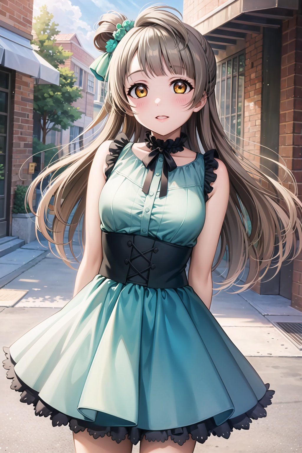 (masterpiece, best quality, ultra-detailed), (illustration), (beautiful detailed eyes), (1girl), (solo),  minami kotori, long hair, yellow eyes,  <lora:KotoriLL_v2.1:0.65>,outdoors, cowboy shot, dress, arms behind back, 