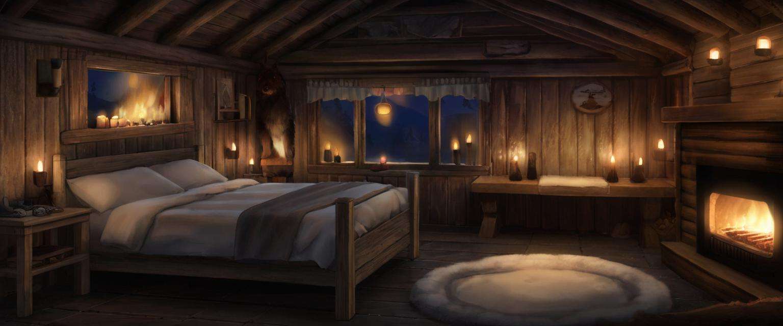 a wooden cabin interior during the middle of the night with candles with fur rugs and a lit fireplace,  <lora:Detailed Interior Style SDXL v1:0.85>