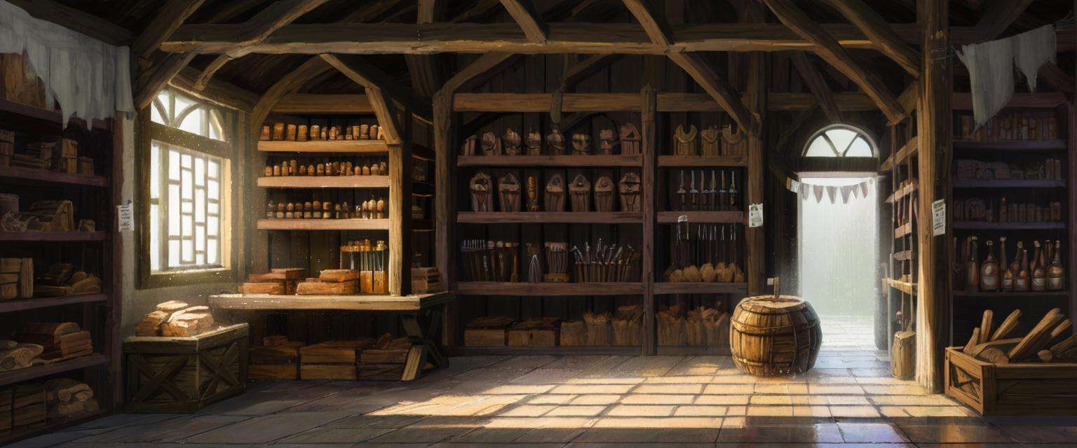 a beautiful medieval wooden store front during the day with sun rays shining through the window on a rainy day,  <lora:Detailed Interior Style SDXL v1:0.85>