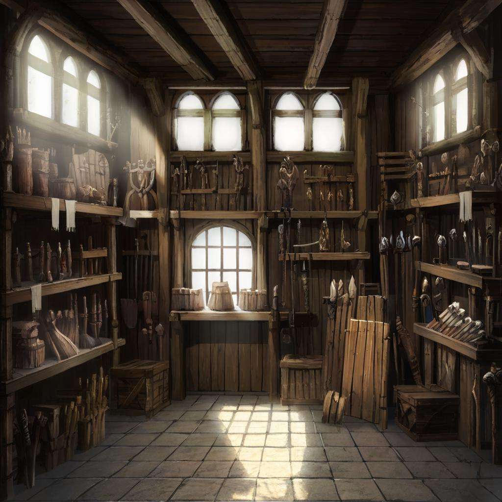 a beautiful medieval wooden store front during the day with sun rays shining through the window,  <lora:Detailed Interior Style SDXL v1:1>