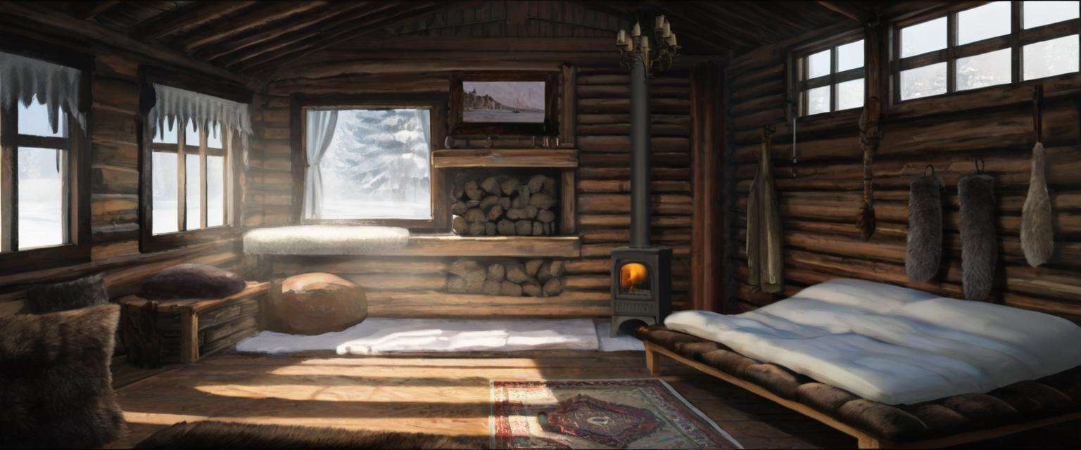 a wooden cabin interior during the morning with bright sunlight shining while raining with fur rugs and a fireplace,  <lora:Detailed Interior Style SDXL v1:0.85>