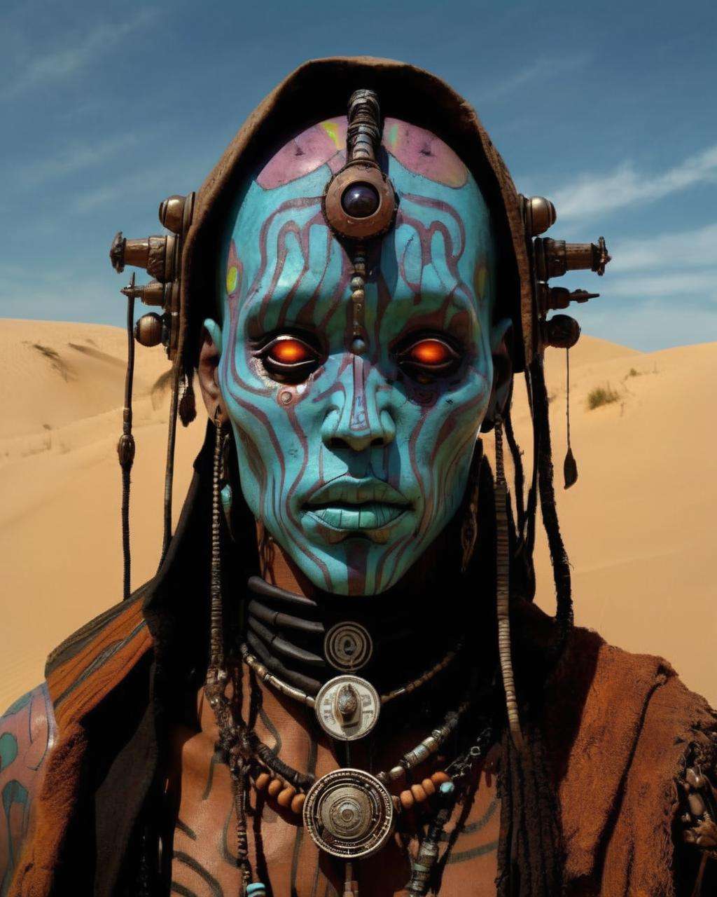 Echoes , high quality photo of a mistic shaman cyberpunk in a Dune's scene,  portrait of a futuristic shaman voodoo master cyborg,<lora:Echoes_sdxl:1.0>