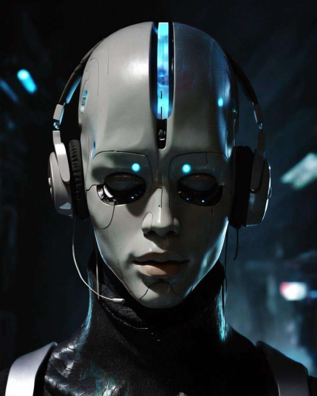 a man with a futuristic head and earphones , Echoes<lora:Echoes_sdxl:1.0>