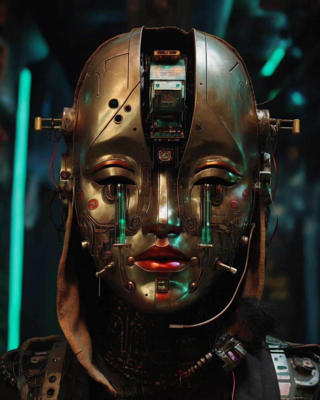 close up of ancient high tech mask , Echoes , cyberpunk art<lora:Echoes_sdxl:1.0>