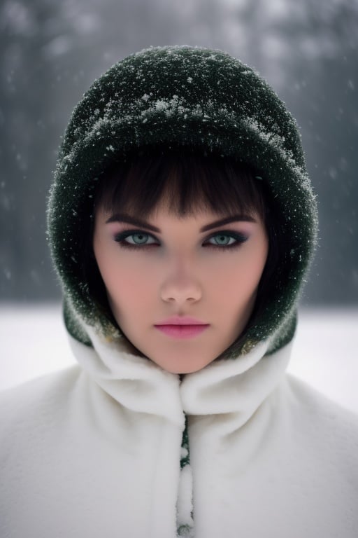 dramatic contrast photo of a stunning wo_mel03 woman with mesmerizing green eyes, bangs, caught in a snowstorm, close up on face, in an expansive snowy field, under harsh hard lighting, shot from eye level, on a Canon EOS 5D, with (film grain:1.3), in the style of Miko Lagerstedt