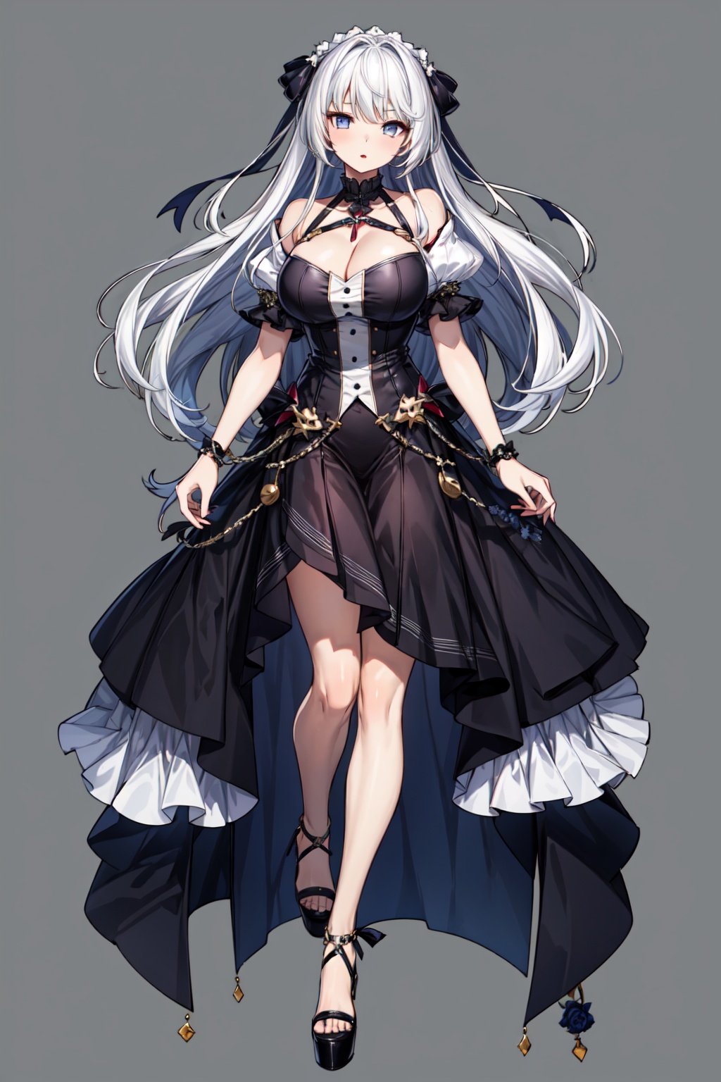 1girl, solo, masterpiece, large breasts, breasts, white hair, very long hair, full body, shirt, dress, long skirt