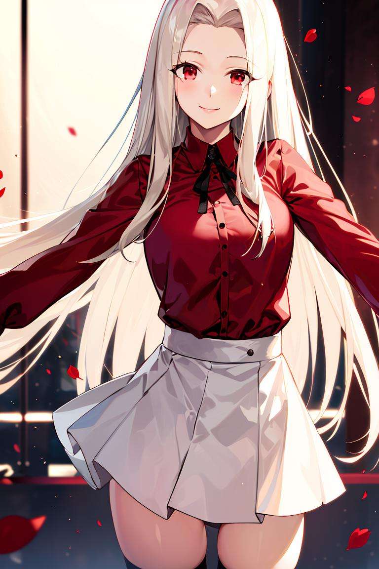 ((masterpiece,best quality)), absurdres, <lora:Irisviel_von_Einzbern_Combined:0.6>, Irisviel_von_Einzbern, red shirt, white skirt, solo, smiling, looking at viewer, cowboy shot, cinematic composition, dynamic pose