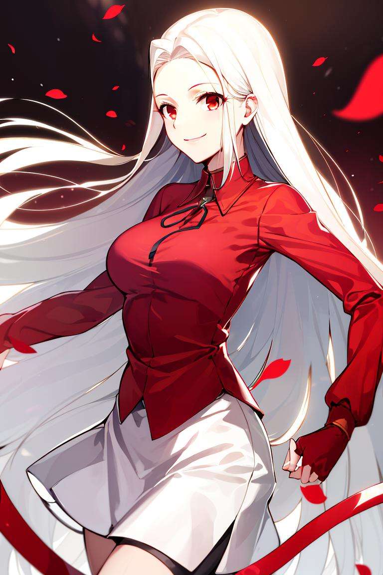 ((masterpiece,best quality)), absurdres, <lora:Irisviel_von_Einzbern_Combined:0.8>, Irisviel_von_Einzbern, red shirt, white skirt, solo, smiling, looking at viewer, cowboy shot, cinematic composition, dynamic pose