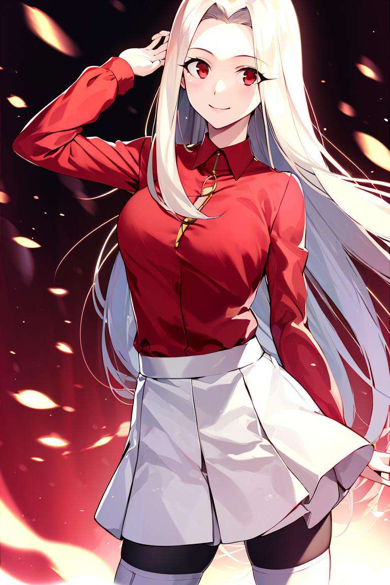 ((masterpiece,best quality)), absurdres, <lora:Irisviel_von_Einzbern_Combined:0.8>, Irisviel_von_Einzbern, red shirt, white skirt, solo, smiling, looking at viewer, cowboy shot, cinematic composition, dynamic pose