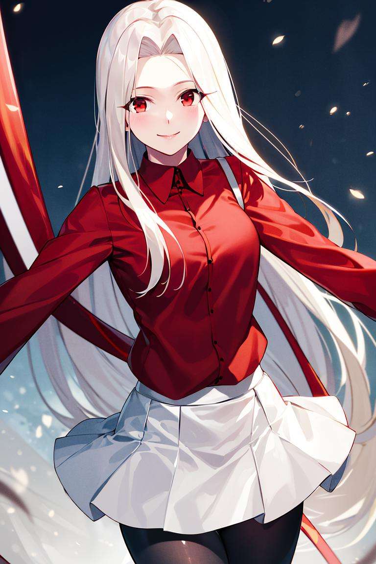 ((masterpiece,best quality)), absurdres, <lora:Irisviel_von_Einzbern_Combined:0.6>, Irisviel_von_Einzbern, red shirt, white skirt, solo, smiling, looking at viewer, cowboy shot, cinematic composition, dynamic pose