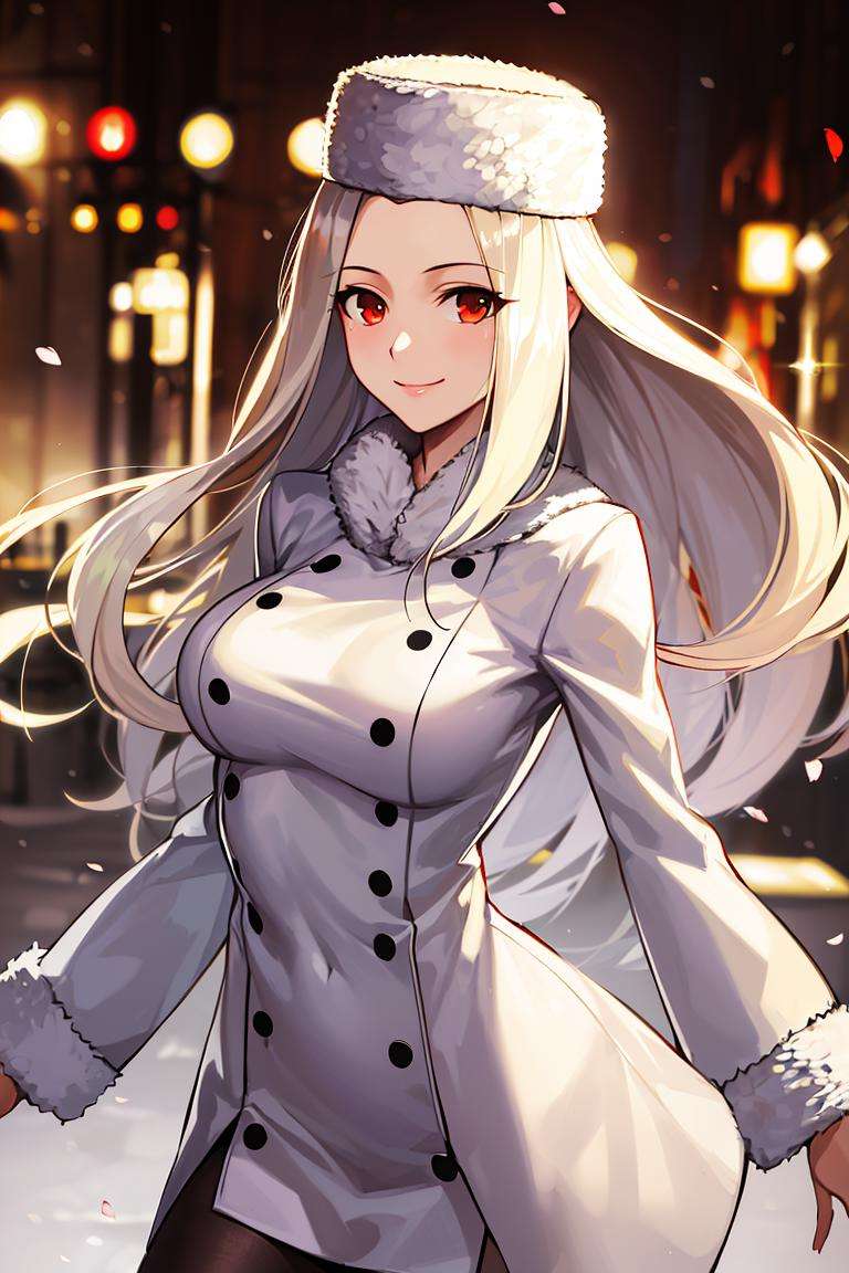 ((masterpiece,best quality)), absurdres, <lora:Irisviel_von_Einzbern_Combined:0.6>, Irisviel_von_Einzbern, fur coat, solo, smiling, looking at viewer, cowboy shot, cinematic composition, dynamic pose