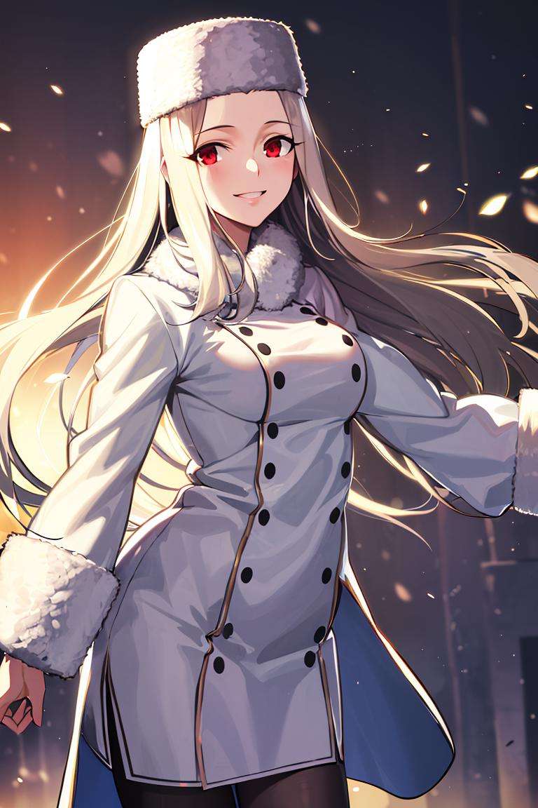 ((masterpiece,best quality)), absurdres, <lora:Irisviel_von_Einzbern_Combined:0.6>, Irisviel_von_Einzbern, fur coat, solo, smiling, looking at viewer, cowboy shot, cinematic composition, dynamic pose