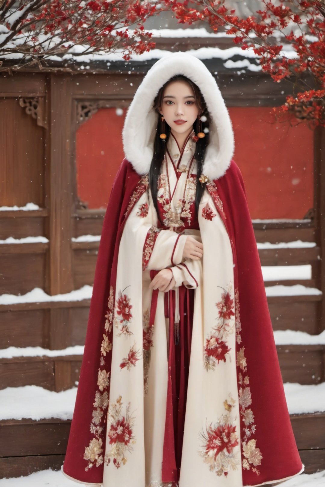 1 girl, full body, (dynamic poses), Hanfu, (Winter hanfu), cloak, (snow, chinese outdoors:1.2)