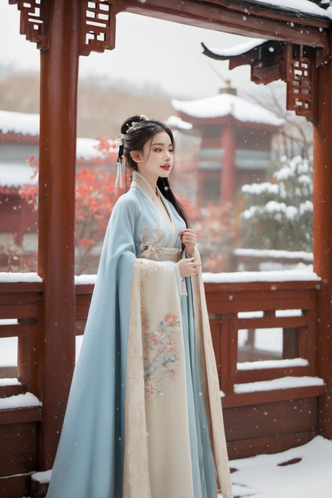 1 girl, full body, (dynamic poses), Hanfu, (Winter hanfu), cloak, (snow, chinese outdoors:1.2)
