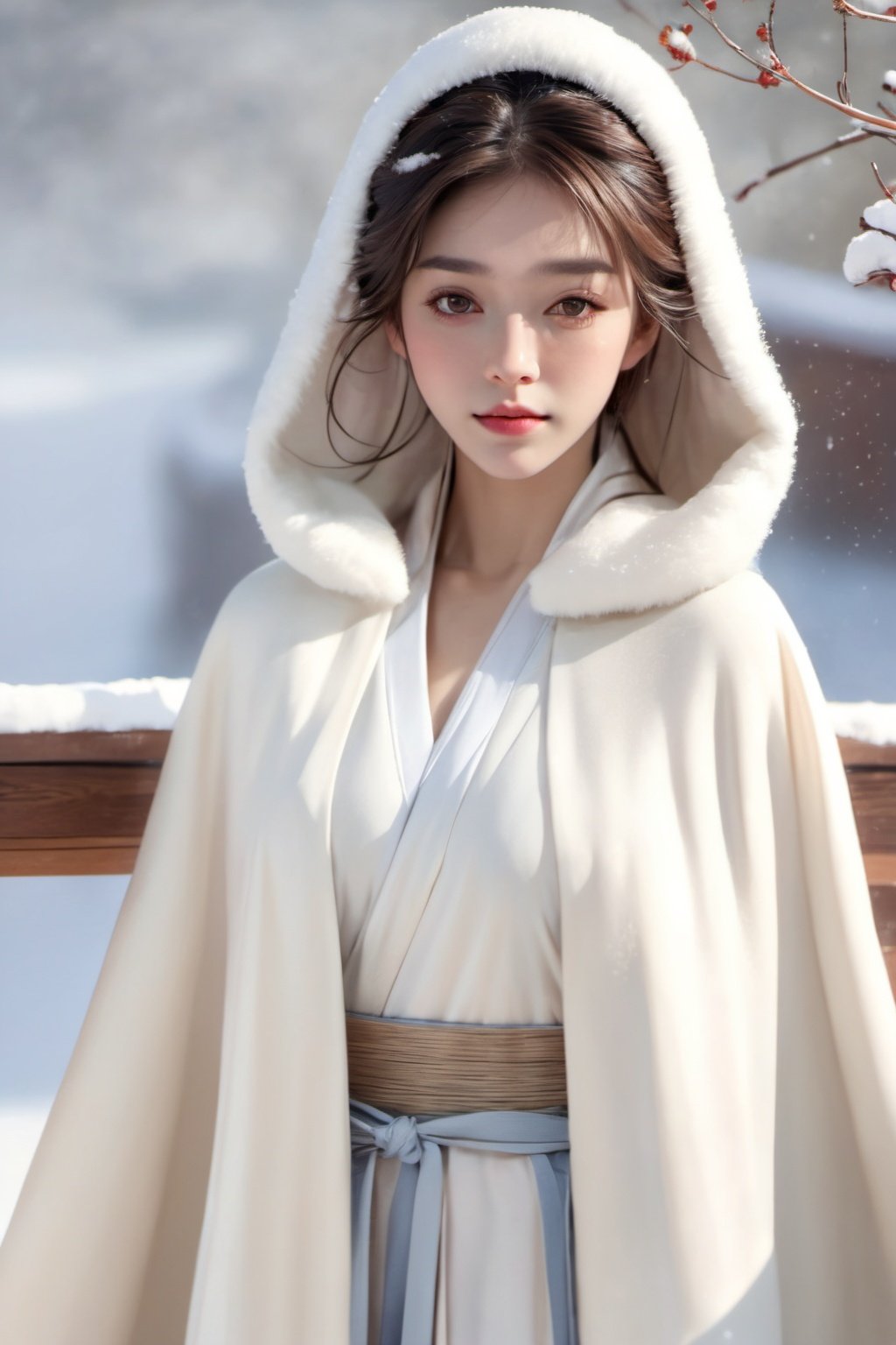 masterpiece, best quality, realistic, 8k, official art, cinematic light, ultra high res, 1girl, day, sunlight, light on face, (white hanfu), (Winter hanfu:1.2), (cloak:1.2), (snow:1.3),(upper body) <lora:sdxl_winterhanfu-000003:0.7>