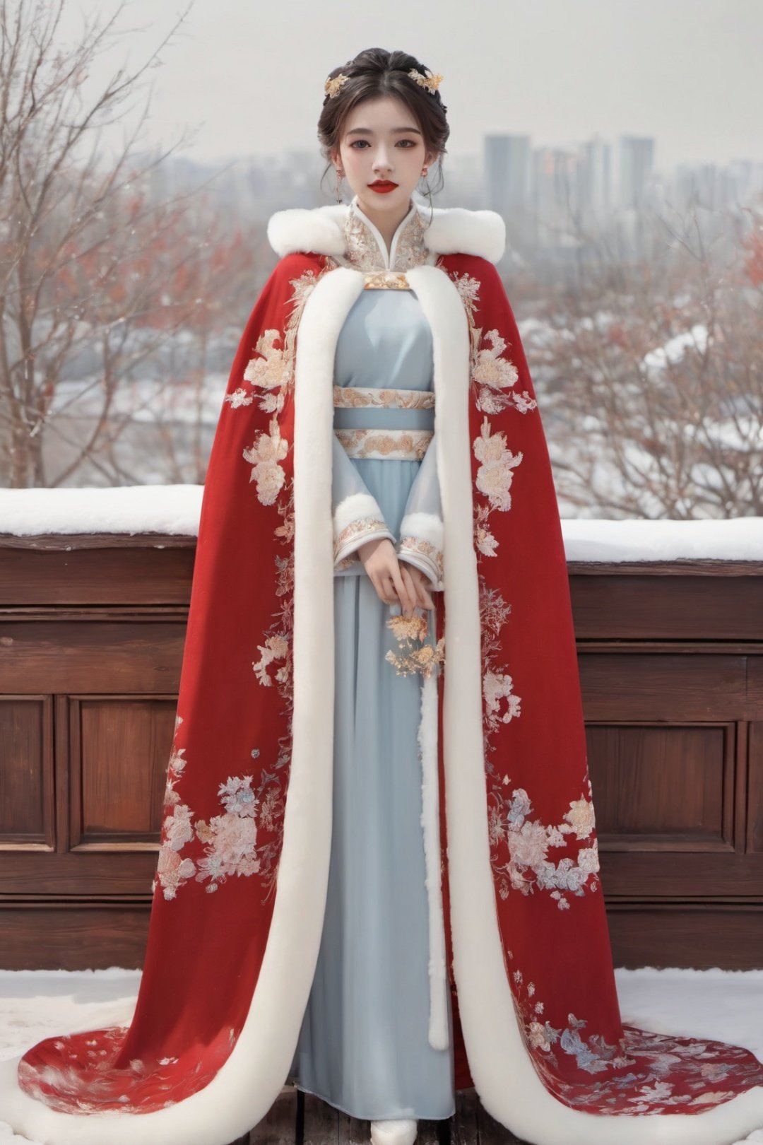 1 girl, full body, (dynamic poses), Hanfu, (Winter hanfu), cloak, (snow, chinese outdoors:1.2)