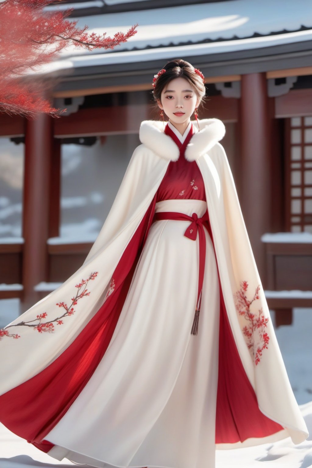 masterpiece, best quality, realistic, 8k, official art, cinematic light, ultra high res, 1girl, day, sunlight, light on face, (white hanfu), (Winter hanfu:1.2), flower print, (red cloak:1.2), (snow:1.3),(upper body) <lora:sdxl_winterhanfu-000003:0.7>