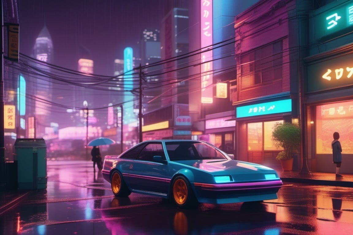 masterpiece,ultra realistic,32k,extremely detailed CG unity 8k wallpaper, best quality, ,wide shot, car, city, buildings, rain, mystical,fanatic, intricate, surreal,delicate, anime, lofi color, neon color