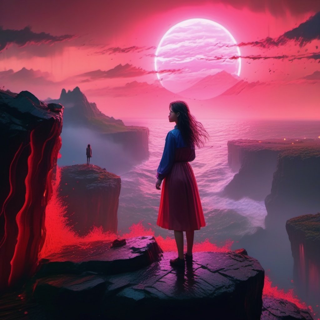 masterpiece,ultra realistic,32k,extremely detailed CG unity 8k wallpaper, best quality, ,wide shot, 1 girl stand on cliff edge,she is very beautiful,she like blood and sea,bloody rain, mystical,fanatic, intricate, surreal,delicate,, lofi color, neon color
