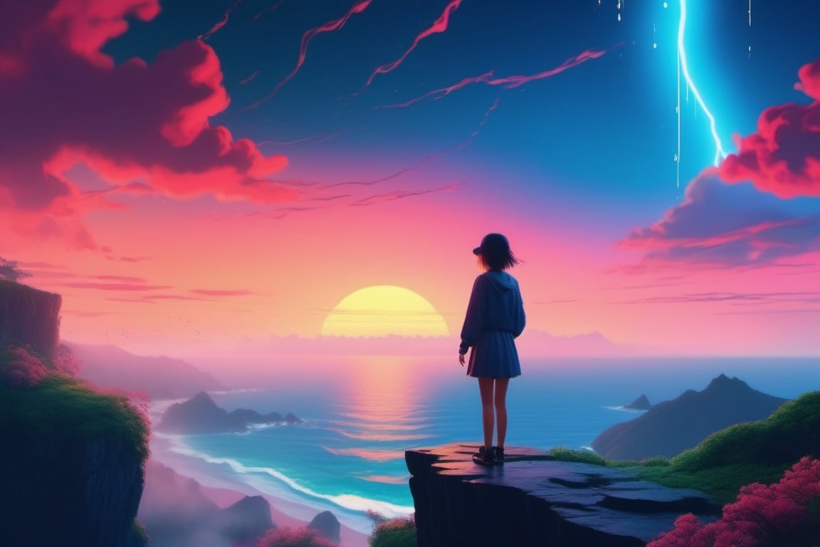 masterpiece,ultra realistic,32k,extremely detailed CG unity 8k wallpaper, best quality, ,wide shot, 1 girl stand on cliff edge,she is very beautiful,she like sea, rain, mystical,fanatic, intricate, surreal,delicate, anime, lofi color, neon color