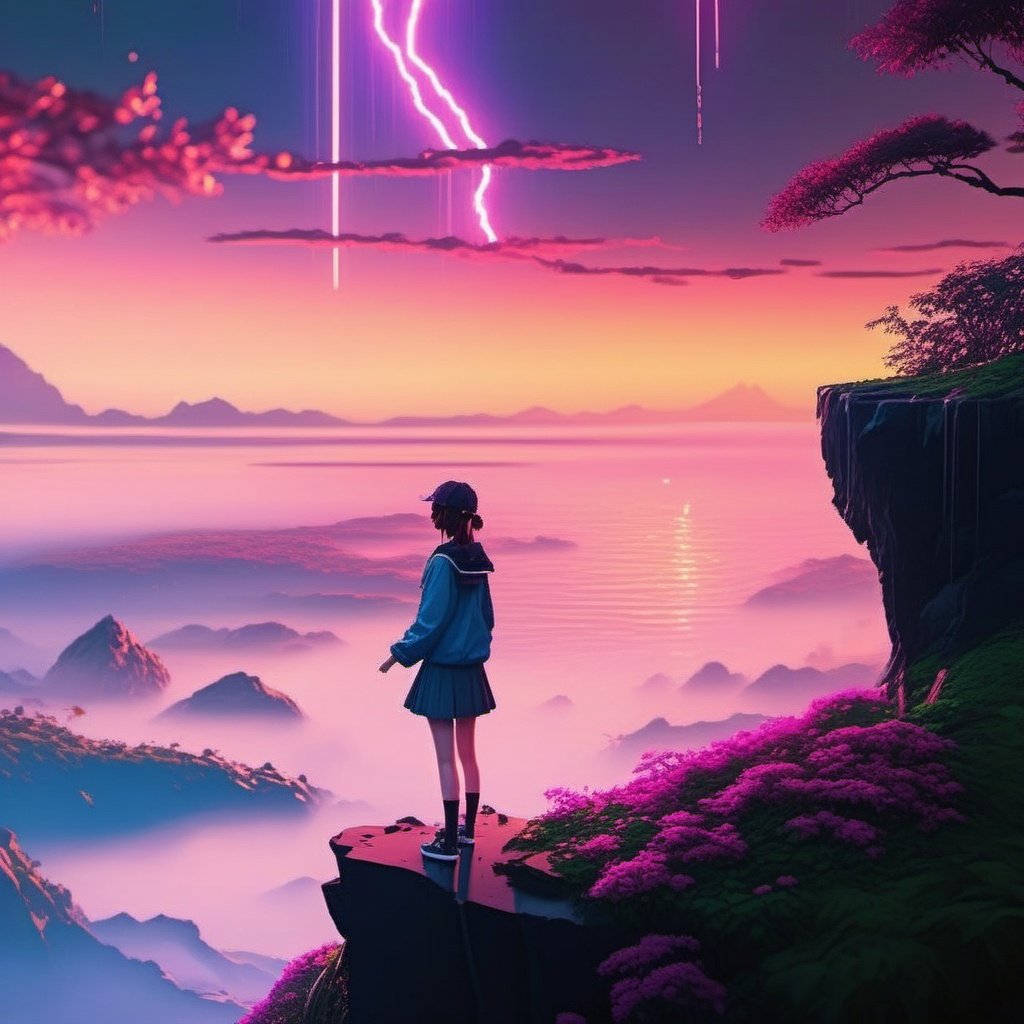 masterpiece,ultra realistic,32k,extremely detailed CG unity 8k wallpaper, best quality, ,wide shot, 1 girl stand on cliff edge,she is very beautiful,she like sea, rain, mystical,fanatic, intricate, surreal,delicate, anime, lofi color, neon color
