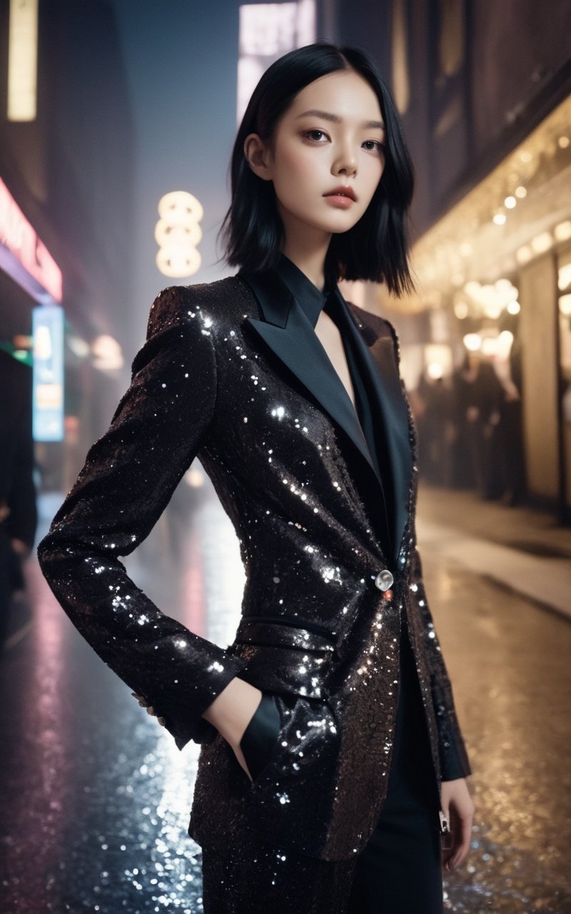 breathtaking lovecraftian horror , eldritch, cosmic horror, unknown, mysterious, surreal, highly detailed, Fujifilm FP-100C, Tom Ford sequin-embellished tuxedo jacket with satin lapels, positive space composition, Rick Owens (瑞克·欧文斯), girl, 1girl, solo . award-winning, professional, highly detailed