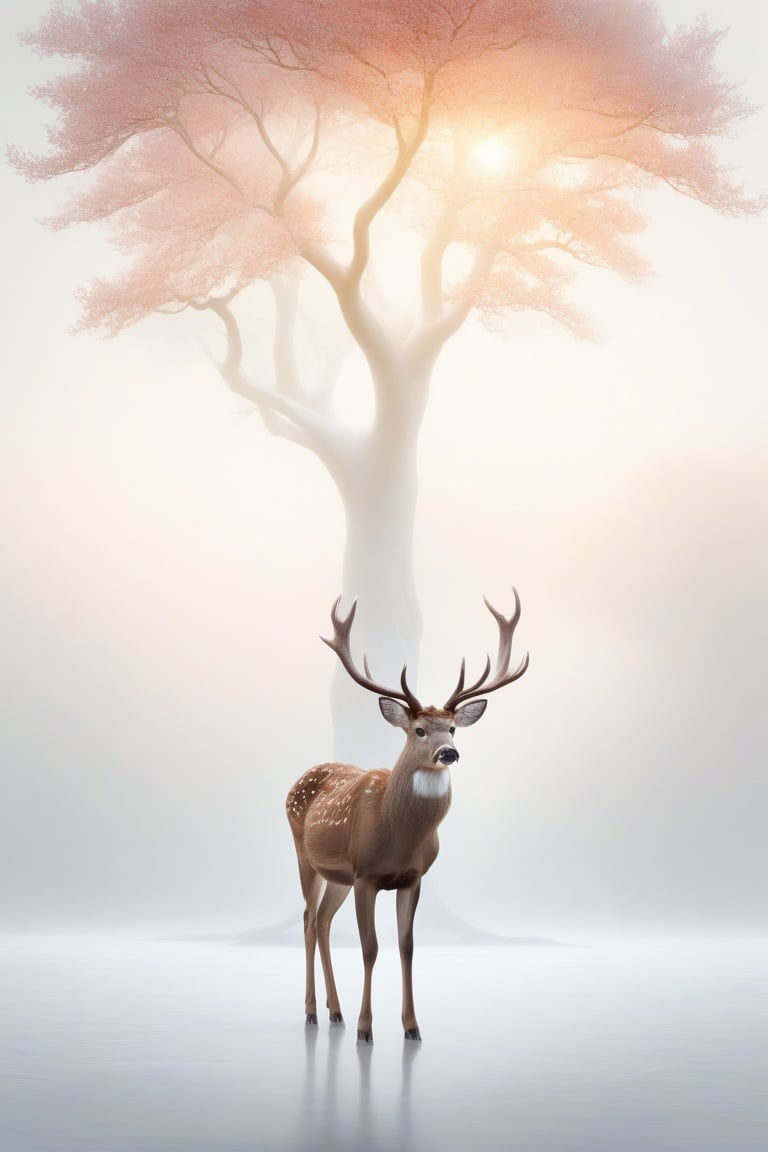 ethereal fantasy concept art of  Akos Major style - experimental photography of a deer in a white room, tree planted in the middle, white walls, clean, minimalistic, artificial landscape, diffused lights, misty atmosphere, by Maia Flore and Tim Walker and Marta Bevacqua and Terrence Malick style, portra160 . magnificent, celestial, ethereal, painterly, epic, majestic, magical, fantasy art, cover art, dreamy