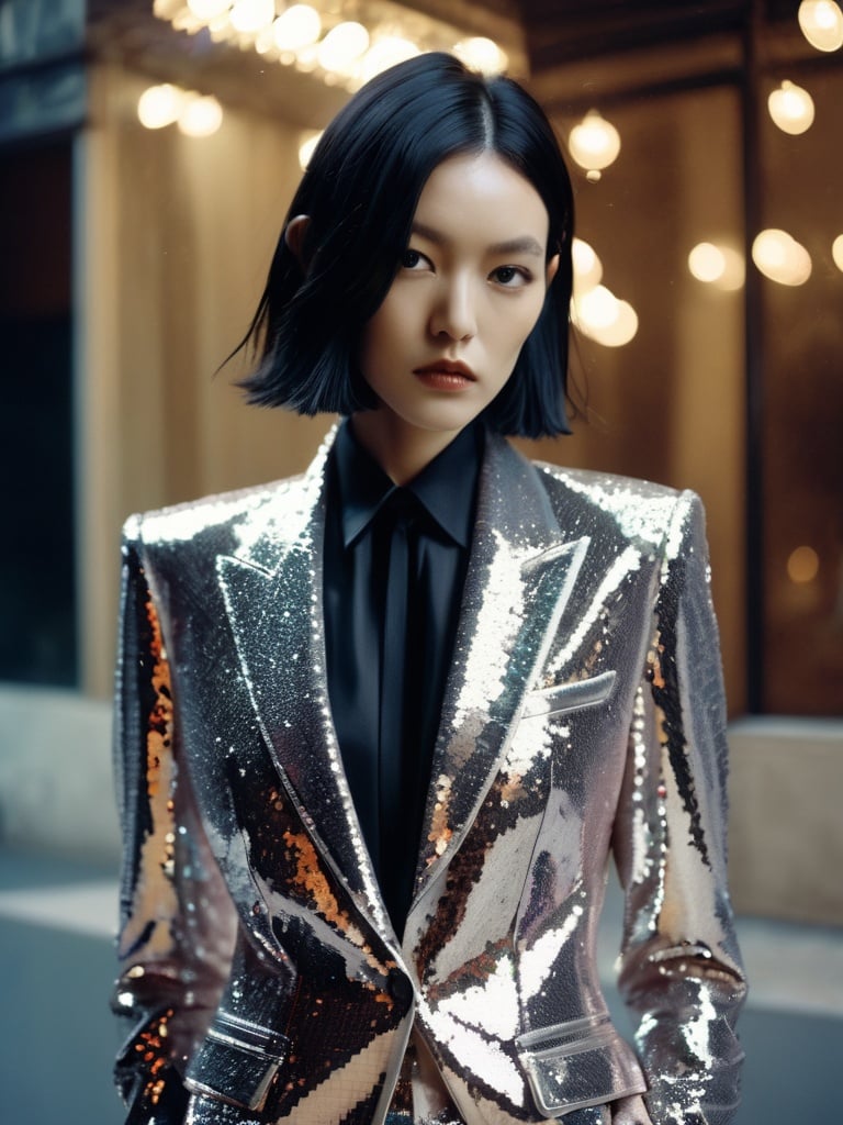 lovecraftian horror, eldritch, cosmic horror, unknown, mysterious, surreal, highly detailed, Fujifilm FP-100C, Tom Ford sequin-embellished tuxedo jacket with satin lapels, positive space composition, Rick Owens, (瑞克·欧文斯), girl, 1girl, solo