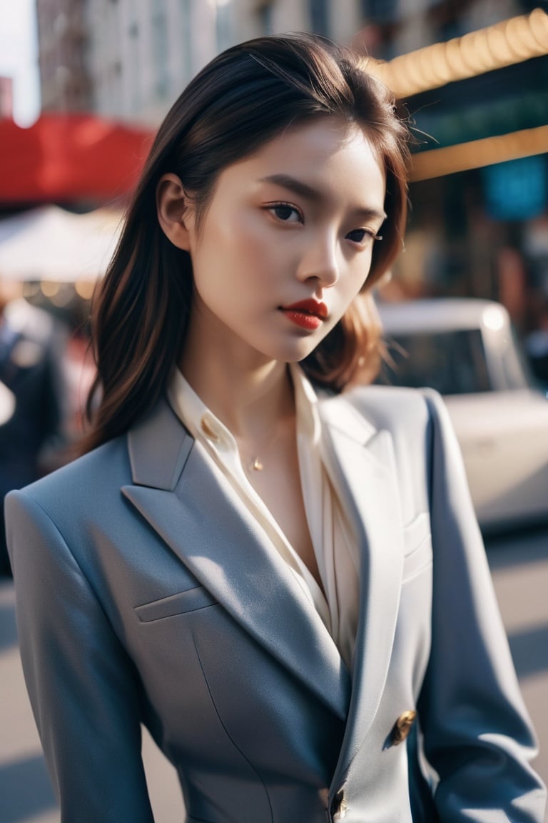 cinematic photo futuristic style , sleek, modern, ultramodern, high tech, detailed, Lomography X-Pro 200, Ralph Lauren velvet blazer with a satin lapel and pocket square, storytelling composition, Givenchy (纪梵希), girl, 1girl, solo . 35mm photograph, film, bokeh, professional, 4k, highly detailed