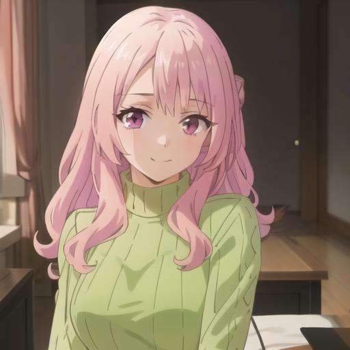 (masterpiece, best quality:1.2),illustration,8k,hd,1girl,solo,facing viewer,smile,pink hair,pink eyes,bangs,green sweater,long hair,ribbed sweater,turtleneck,white skirt,long sleeve,<lora:Usagi Tsukishiro-V1:0.7>,