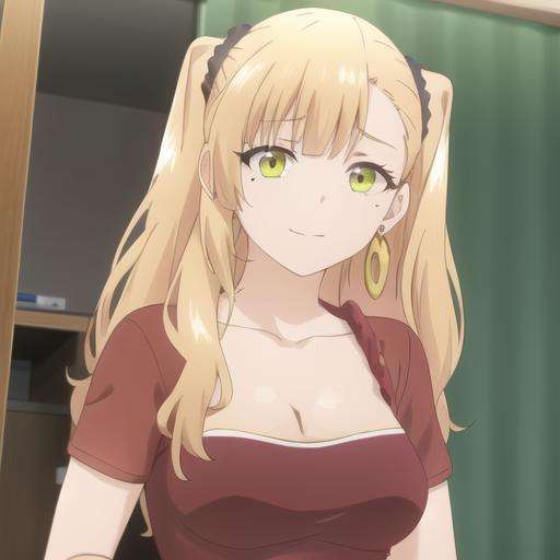 (masterpiece, best quality:1.2),illustration,8k,hd,1girl,solo,upper body,(portrait:1.2),long_hair,breasts,smile,bangs,blonde_hair,hair_ornament,cleavage,twintails,jewelry,green_eyes,collarbone,yellow_eyes,earrings,two_side_up,mole_under_eye,medium_breasts,strapless,red_shirt,hair_scrunchie,denim_shorts,black_scrunchie,<lora:Mike Nekotani-V1:0.8>,