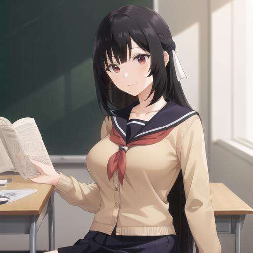 (masterpiece, best quality:1.2),illustration,8k,hd,1girl,solo,upper body,(portrait:1.2),long_hair,breasts,smile,bangs,black_hair,red_eyes,large_breasts,medium_breasts,school_uniform,collarbone,serafuku,sailor_collar,red_ribbon,cardigan,braid,pleated_skirt,blue_skirt,black_pantyhose,white_ribbon,hair_rings,neckerchief,<lora:Karen Inukai-V1:0.7>,