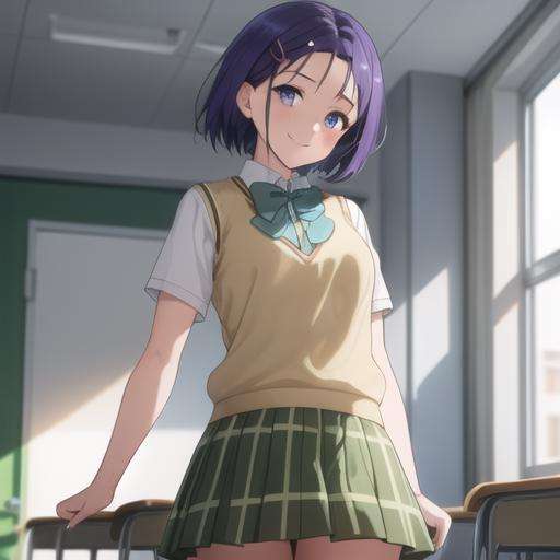 (masterpiece, best quality:1.2),illustration,8k,hd,1girl,solo,cowboy shot,(upper body:1.2),smile,short_hair,blue_eyes,hair_ornament,school_uniform,blue_hair,purple_eyes,hairclip,bowtie,green_bow,green_bowtie,skirt,short_sleeves,pleated_skirt,kneehighs,plaid_skirt,green_skirt,<lora:haruna-V1:0.6>,