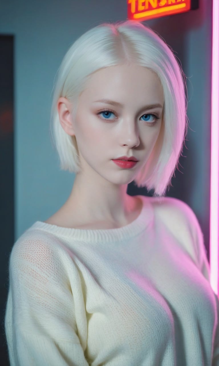 girl, A young albino woman holding a neon sign that says "TensorArt" realism, cinematic outfit photo, cinematic pastel lighting, 80s neon movie still, knitted sweater