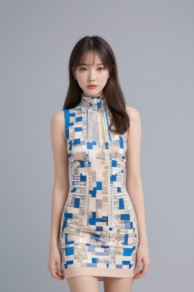 cinematic photo pixel-art , low-res, blocky, pixel art style, 8-bit graphics, Kodak Gold 200, Emilio Pucci silk scarf-printed mini dress with a mock neck, harmony composition, Virgil Abloh (维尔吉尔·阿布洛), girl, 1girl, solo . 35mm photograph, film, bokeh, professional, 4k, highly detailed