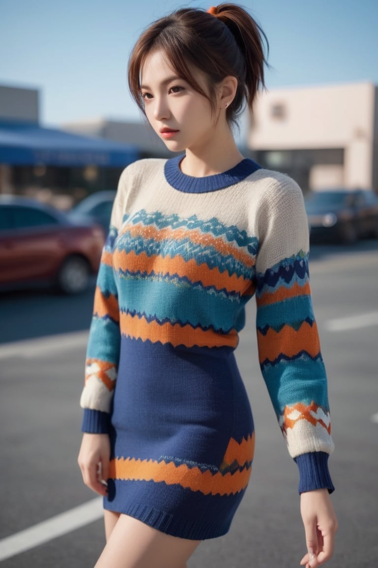 cinematic photo Street Fighter style , vibrant, dynamic, arcade, 2D fighting game, highly detailed, reminiscent of Street Fighter series, Fujifilm Provia 400X, Missoni knit sweater dress with a geometric pattern, positive space composition, Givenchy (纪梵希), girl, 1girl, solo . 35mm photograph, film, bokeh, professional, 4k, highly detailed