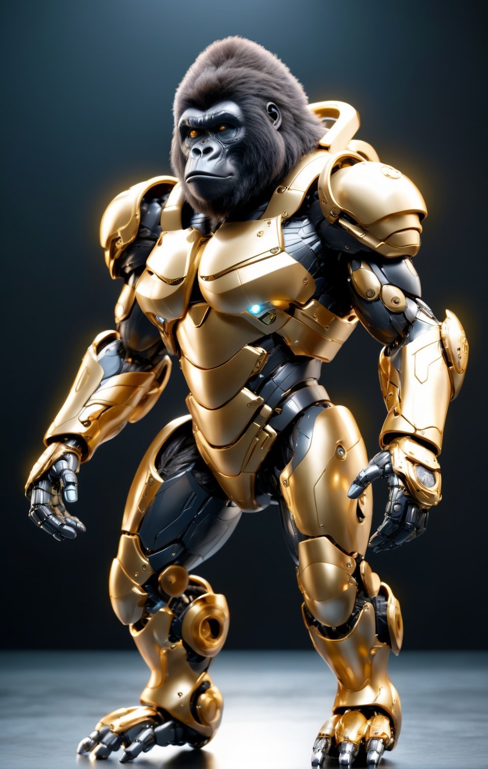 Agile black gorilla mecha robo soldier character, anthropomorphic figure, wearing futuristic soldier armor and weapons, reflection mapping, realistic figure, hyperdetailed, cinematic lighting photography, 32k uhd with a golden staff
