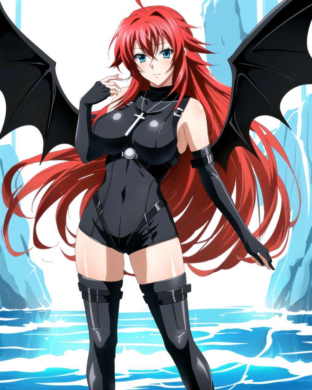 masterpiece, best quality, ultra-detailed, hires,  beautiful, detailed hair and eyes, 1girl, red hair, long hair, ahoge,rias gremory dxd, very long hair,  blue eyes, large breasts,(dxd outfit:1.6), elbow gloves, black gloves, covered navel, black leotard, black short briefs,thigh boots, turtleneck,cross necklace, necklace, cross, briefs, <lora:dxdV11-000003:0.65>, full body, (symmetrical demon wings, big wings, dxd wings:1.3),waterfall background, evening, detailed background, waterfall, water on body, (grab breats with own hand:1.5)