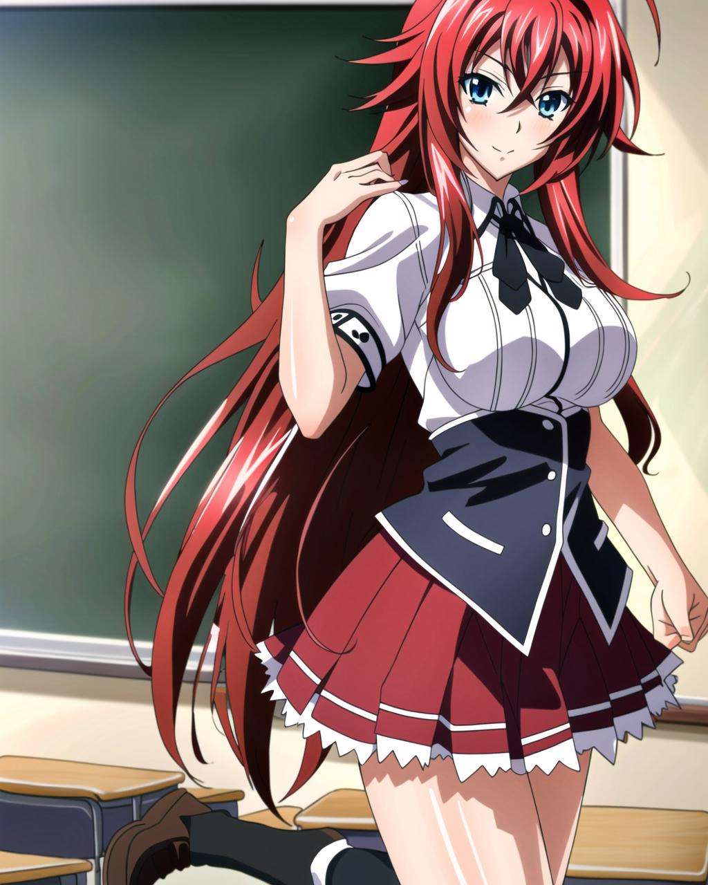 masterpiece, best quality, ultra-detailed, hires,  beautiful, detailed hair and eyes, 1girl, red hair, long hair, ahoge,rias gremory dxd, very long hair,  blue eyes, large breasts,(dxd clothes:1.4), school uniform, skirt, white shirt, (white socks), black boots, red skirt, <lora:dxdV11-000003:0.65>, full body, standing, hand on breasts, detailed background, (school  classroom:1.3),