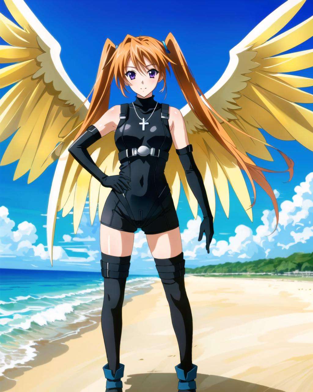 masterpiece, best quality, ultra-detailed, hires, beautiful, detailed hair and eyes,1girl, purple eyes, Irina Shidou dxd, orange hair, long hair, medium breasts,twintails,(dxd outfit:1.4), elbow gloves, black gloves, covered navel, black leotard, thigh boots, turtleneck, cross necklace, necklace, cross,  <lora:dxdV11-000003:0.65>,beach,full body,(angel wings, white wings), symmetrical angel wings