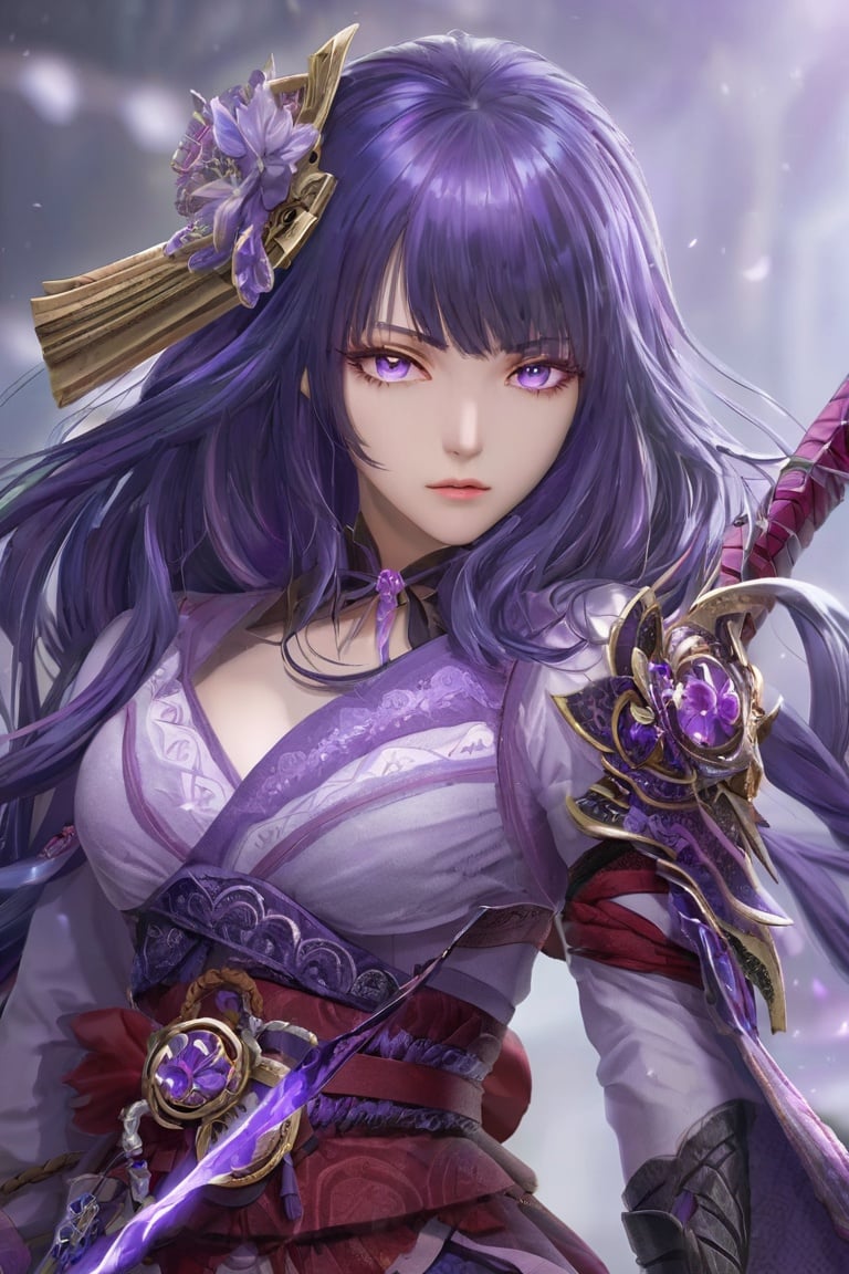 （purple eyes）, purple hair,16k,masterpiece,textured skin,multiple swords,embellished costume,Award winning photos, extremely detailed, stunning, intricate details, absurd, highly detailed woman, extremely detailed eyes and face, dazzling red eyes, detailed clothing,(detailed clothing, tightly holding sword in hand:1.5),leishen,purple eyes, purple hair,old,mature female,sadness,MenEro,