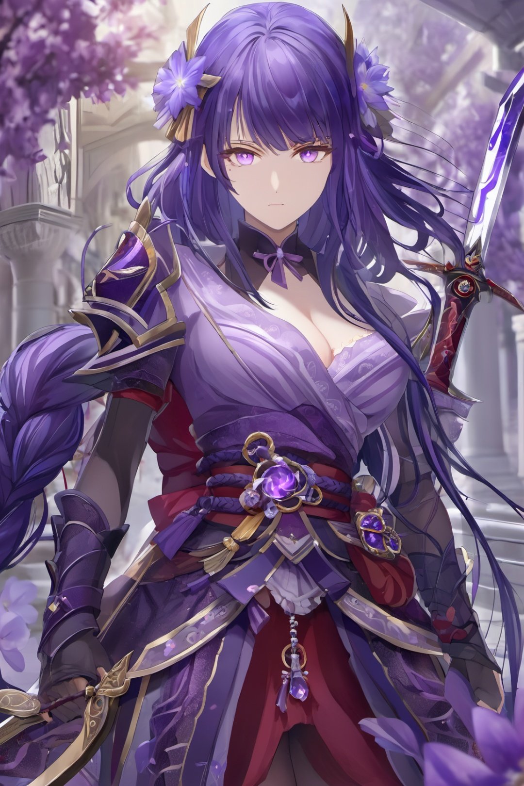 （purple eyes）, purple hair,16k,masterpiece,textured skin,multiple swords,embellished costume,Award winning photos, extremely detailed, stunning, intricate details, absurd, highly detailed woman, extremely detailed eyes and face, dazzling red eyes, detailed clothing,(detailed clothing, tightly holding sword in hand:1.5),leishen,purple eyes, purple hair,old,mature female,sadness,