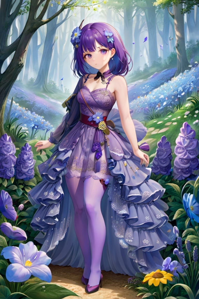 1girl, dress, beautiful face, dreamscape, forest, misty, flowers,leishen, purple hair