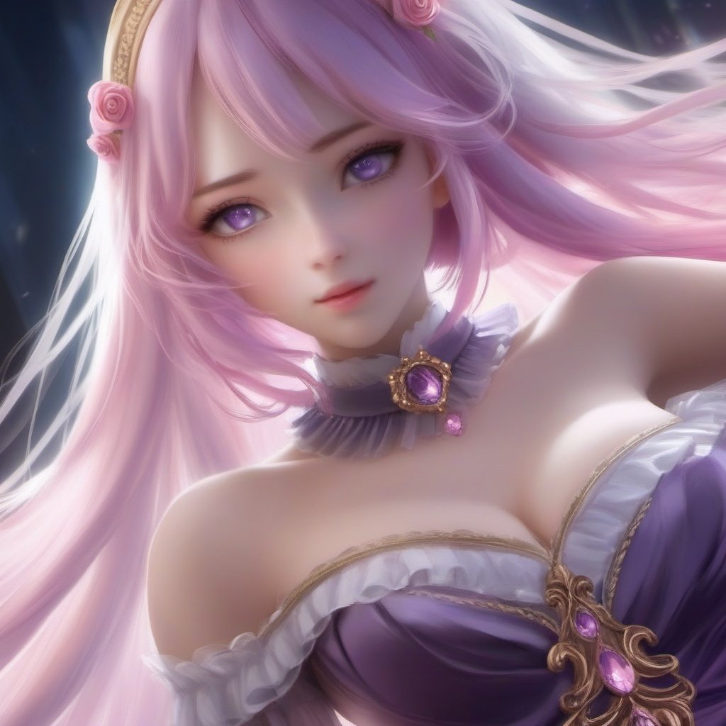 ((masterpiece:1.4)), ((best quality:1.4)), ((ultra_highres:1.4)), 8k, 1girl, pink_hair, long_hair, dark room, lument light, purple_dress, upper_body, detailed_skin, ((beautiful_eyes_detailed)), 