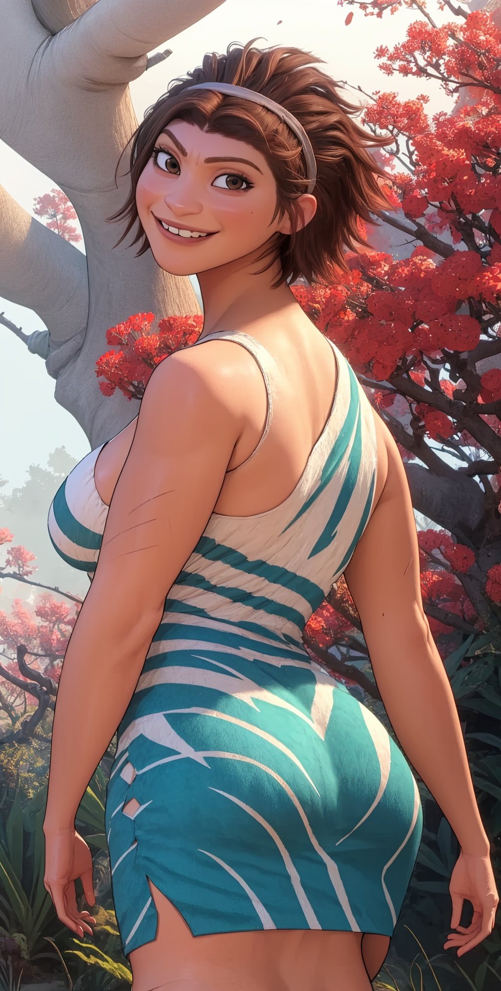 Ugga,brown hair,short hair,brown eyes, muscular,
dress,animal print, off shoulder, sleeveless,  cleavage,   body scars, teeth, tight, 
  clenched hands,  grin, 
standing,  upper body, 
solo, smile, from behind,  ass,
tropical forest,  large fruits, 
(insanely detailed, beautiful detailed face, masterpiece, best quality)   