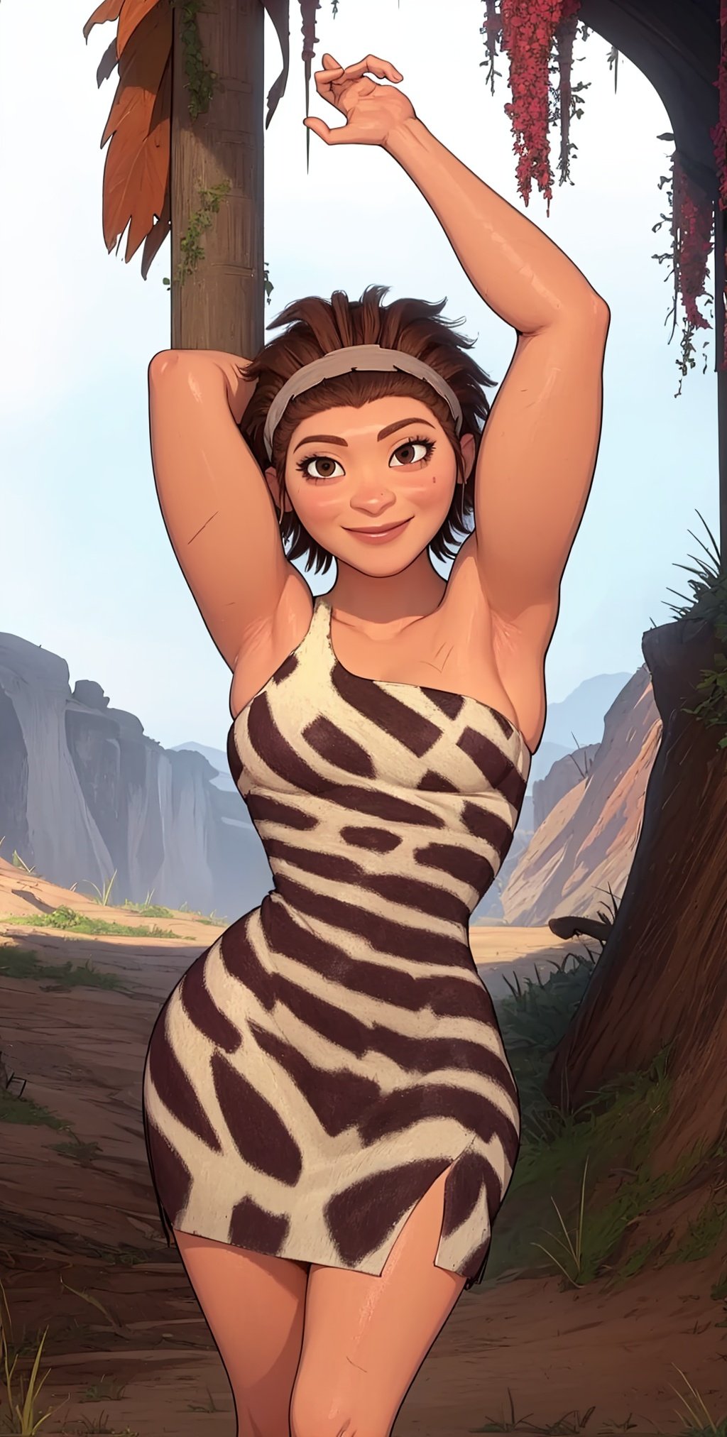 Ugga,brown hair,short hair,brown eyes, muscular,  hairband, hair up, 
dress,animal print, off shoulder, sleeveless,  cleavage,  arms up, 
standing,  upper body, 
solo, smile, 
small cave,  wasteland, 
(insanely detailed, beautiful detailed face, masterpiece, best quality)   